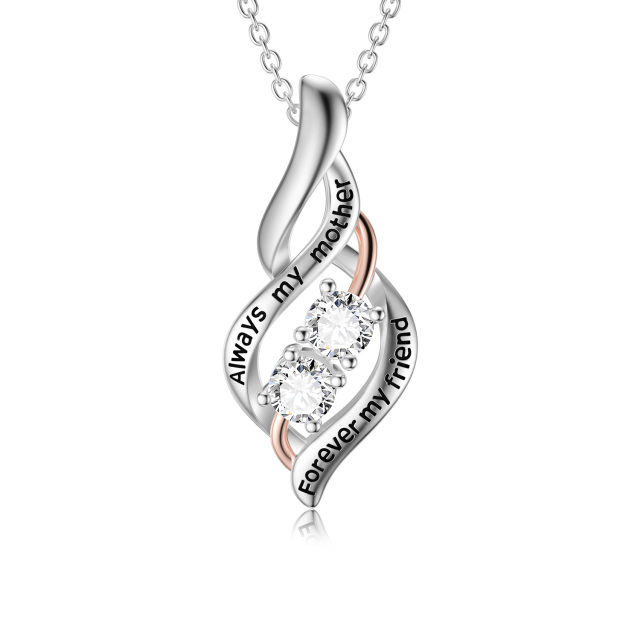Sterling Silver Two-tone Circular Shaped Cubic Zirconia Mother Pendant Necklace with Engraved Word-0