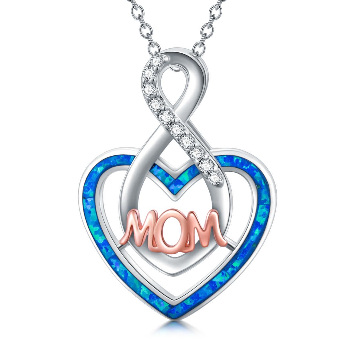Sterling Silver Two-tone Heart Cubic Zirconia & Opal Mother Pendant Necklace-1