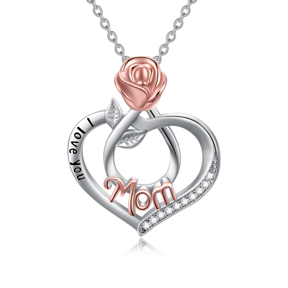 Sterling Silver Two-tone Cubic Zirconia Rose & Heart Mom Pendant Necklace with Engraved Word-1