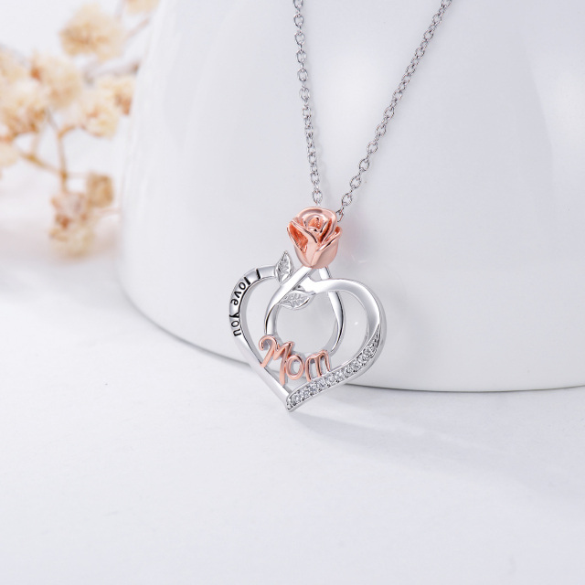 Sterling Silver Two-tone Cubic Zirconia Rose & Heart Mom Pendant Necklace with Engraved Word-2
