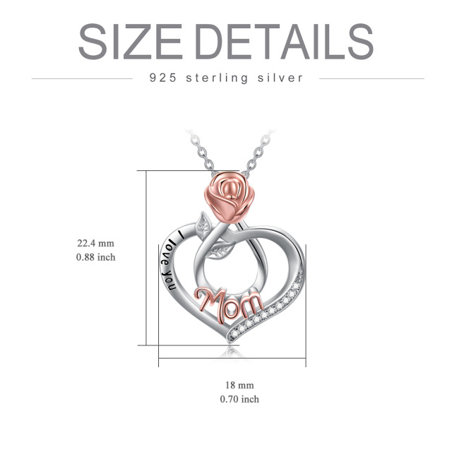 Sterling Silver Two-tone Cubic Zirconia Rose & Heart Mom Pendant Necklace with Engraved Word-4