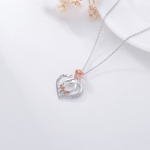 Sterling Silver Two-tone Cubic Zirconia Rose & Heart Mom Pendant Necklace with Engraved Word-3