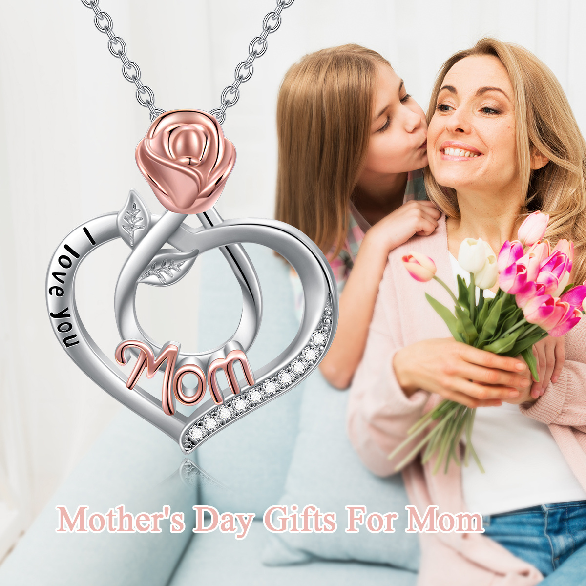 Sterling Silver Two-tone Cubic Zirconia Rose & Heart Mom Pendant Necklace with Engraved Word-6