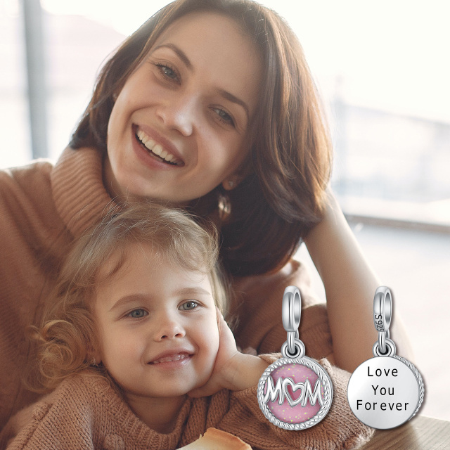 Love Mom Dangle Charms para pulseras 925 Sterling Silver Round Shape Mom Charm Bead Jewelry Regalos de cumpleaños para mujeres-3