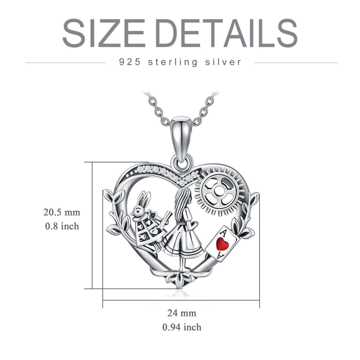 Sterling Silver Cubic Zirconia Alice In The Wonderland & Heart Pendant Necklace-6