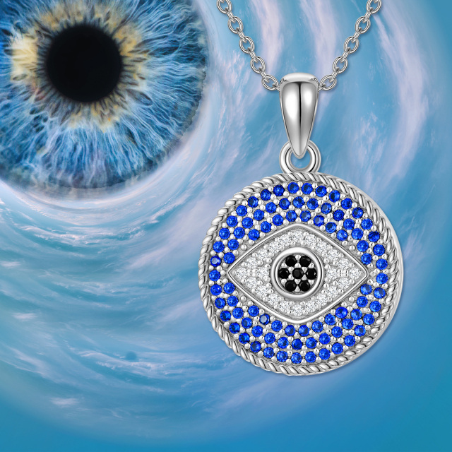 Sterling Silver Circular Shaped Crystal Evil Eye Personalized Photo Locket Necklace with Engraved Word-5