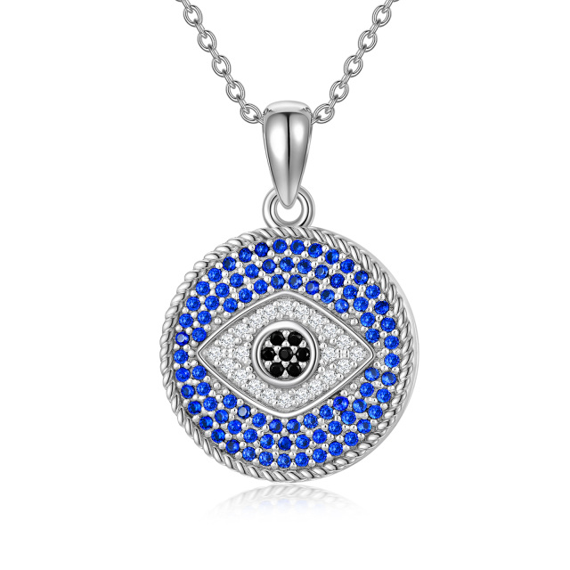 Sterling Silver Circular Shaped Crystal Evil Eye Personalized Photo Locket Necklace with Engraved Word-0