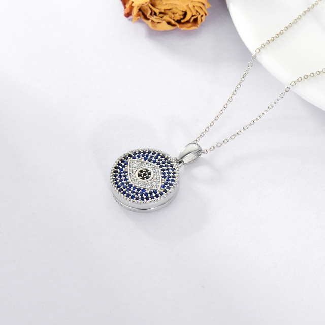 Sterling Silver Circular Shaped Crystal Evil Eye Personalized Photo Locket Necklace with Engraved Word-7