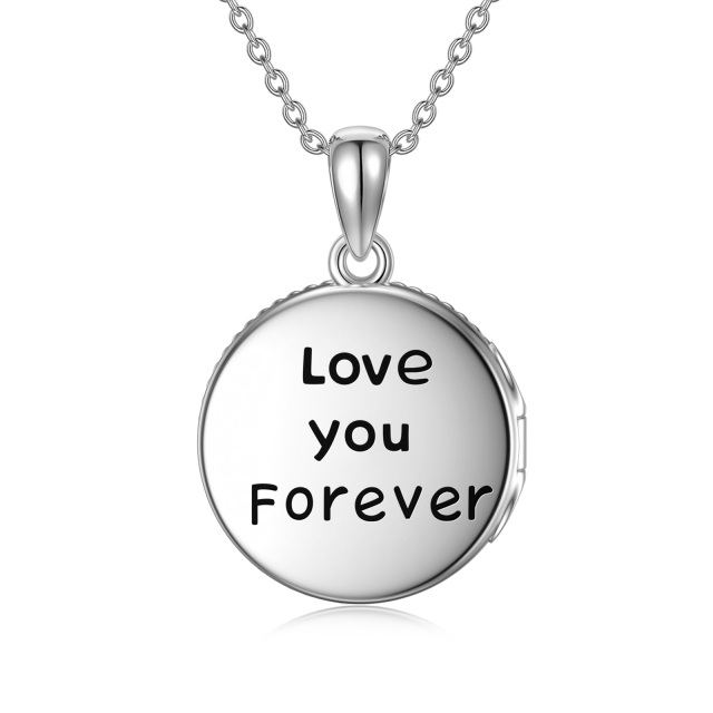 Sterling Silver Circular Shaped Crystal Evil Eye Personalized Photo Locket Necklace with Engraved Word-2