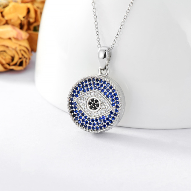 Sterling Silver Circular Shaped Crystal Evil Eye Personalized Photo Locket Necklace with Engraved Word-6