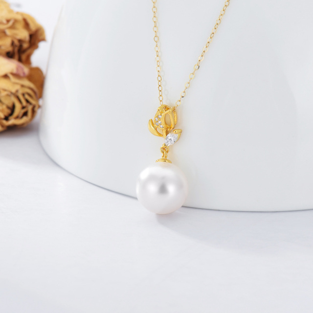 14K Gold Circular Shaped Pearl Rose Pendant Necklace-4