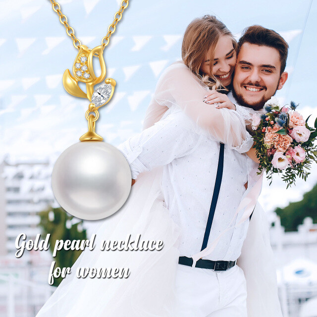 14K Gold Circular Shaped Pearl Rose Pendant Necklace-5