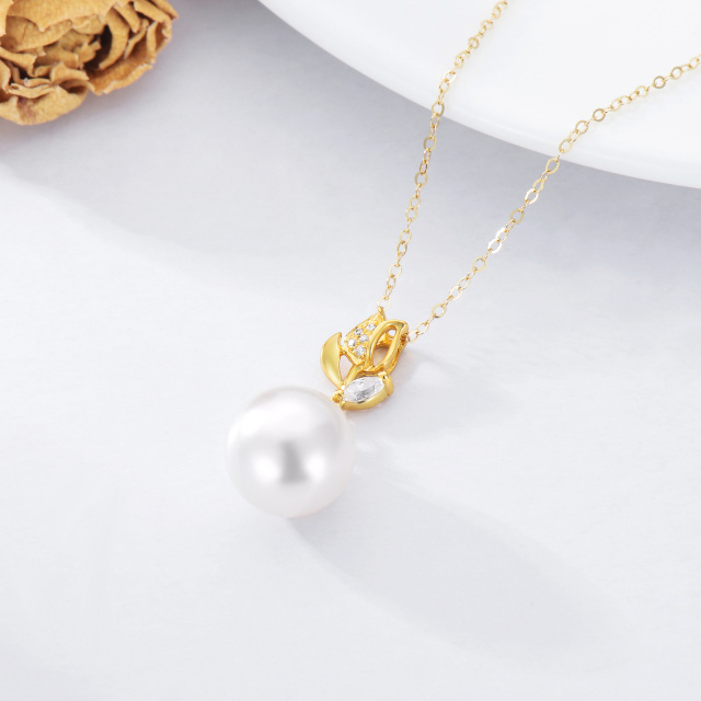 14K Gold Circular Shaped Pearl Rose Pendant Necklace-3