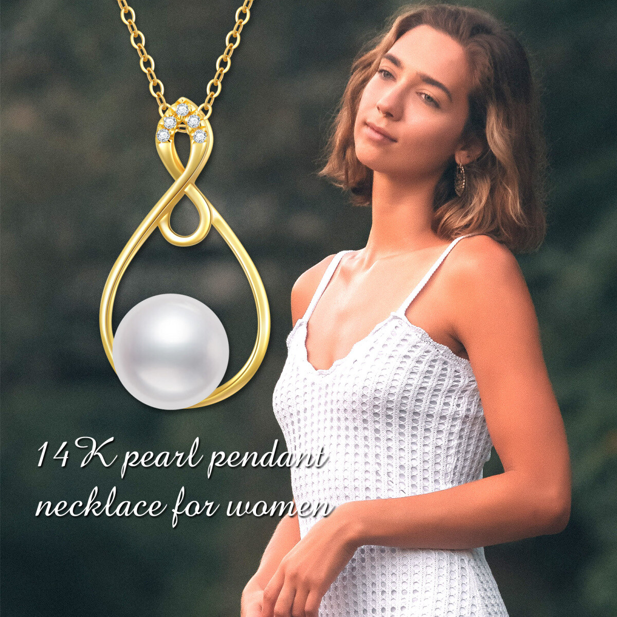 Collar colgante de oro de 14 quilates con forma circular de circonita y perla y símbolo de-6