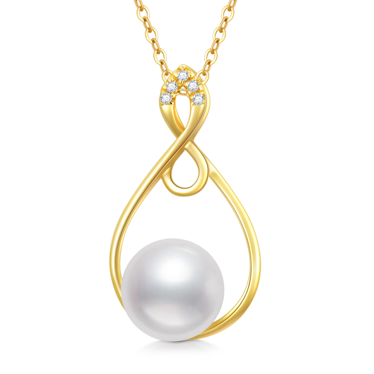 14K Gold Circular Shaped Cubic Zirconia & Pearl Bead & Infinity Symbol Pendant Necklace-1