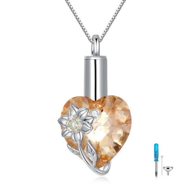 Sterling Silver Heart Shaped Crystal Sunflower & Heart Urn Necklace for Ashes-1