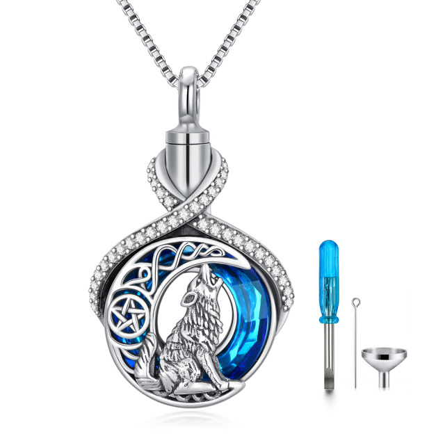 Sterling Silver Crystal & Cubic Zirconia Wolf & Infinity Symbol Urn Necklace for Ashes-1