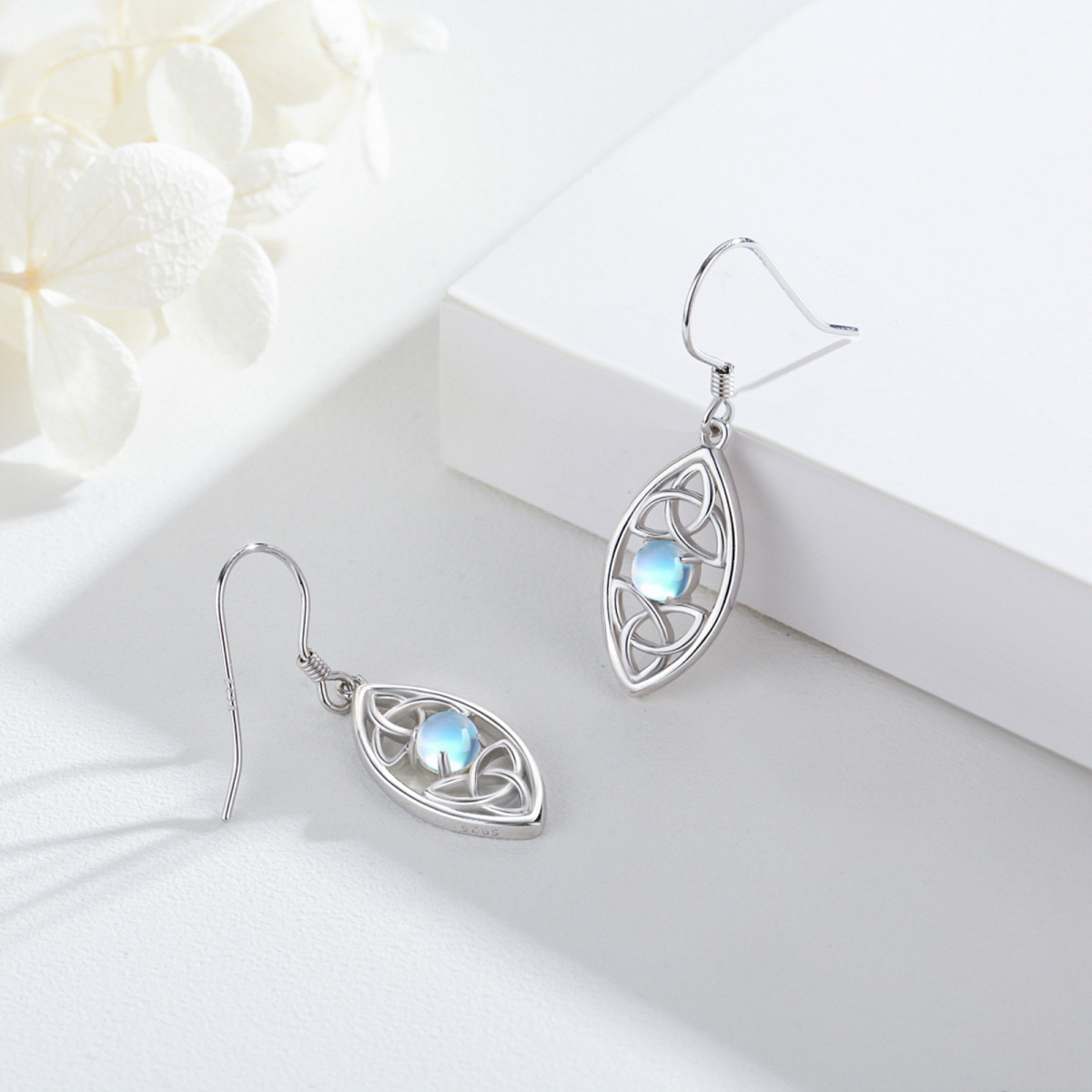 Sterling Silver Circular Shaped Moonstone Celtic Knot Drop Earrings-4