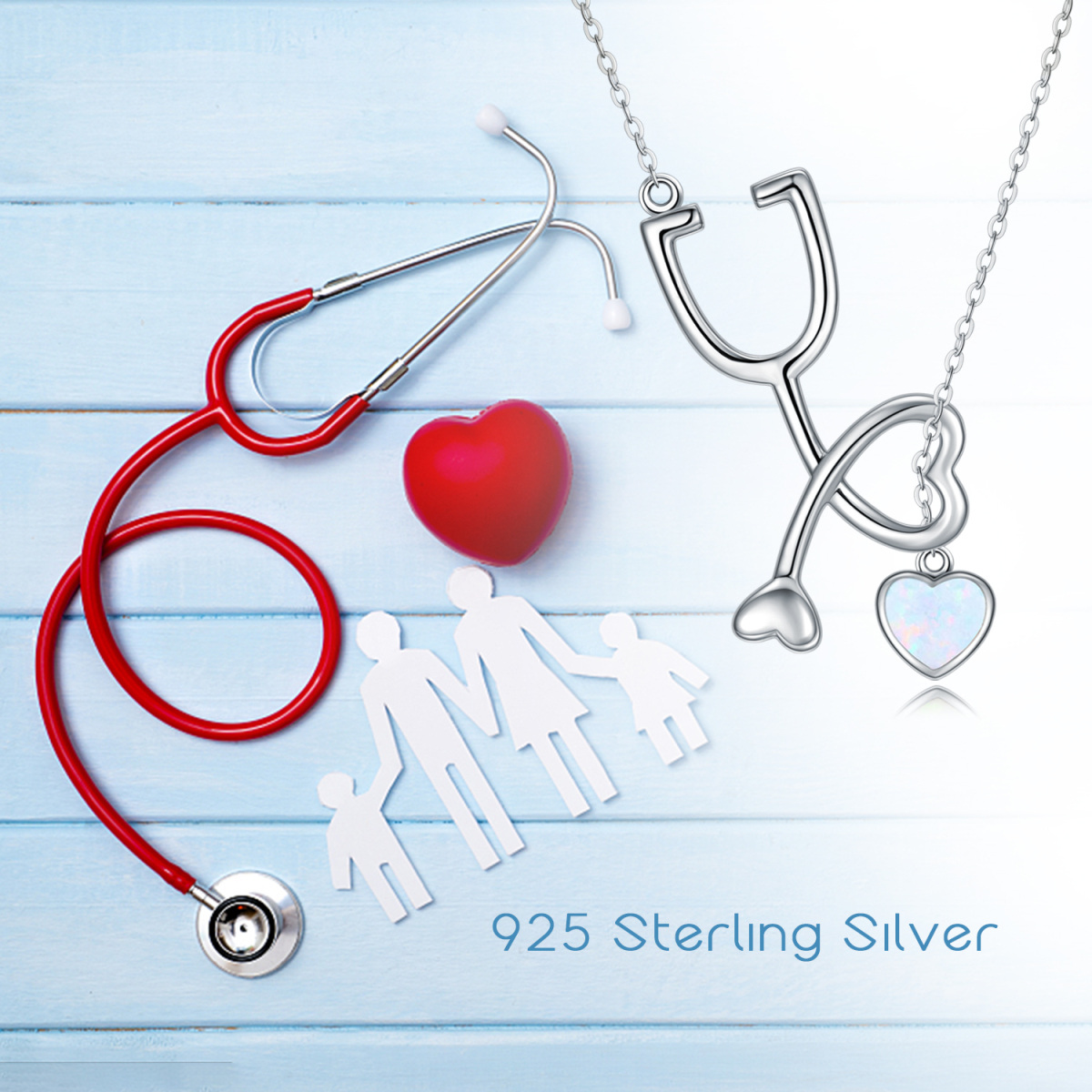 Collar de plata de ley con colgante de corazón de ópalo y estetoscopio-5