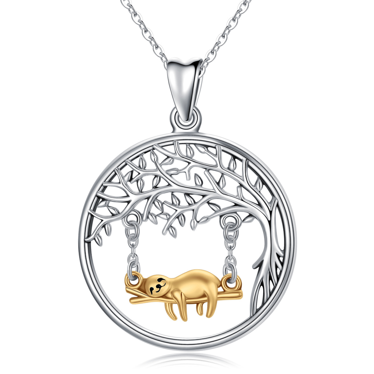 Sterling Silver Two-tone Sloth & Tree Of Life Pendant Necklace-1