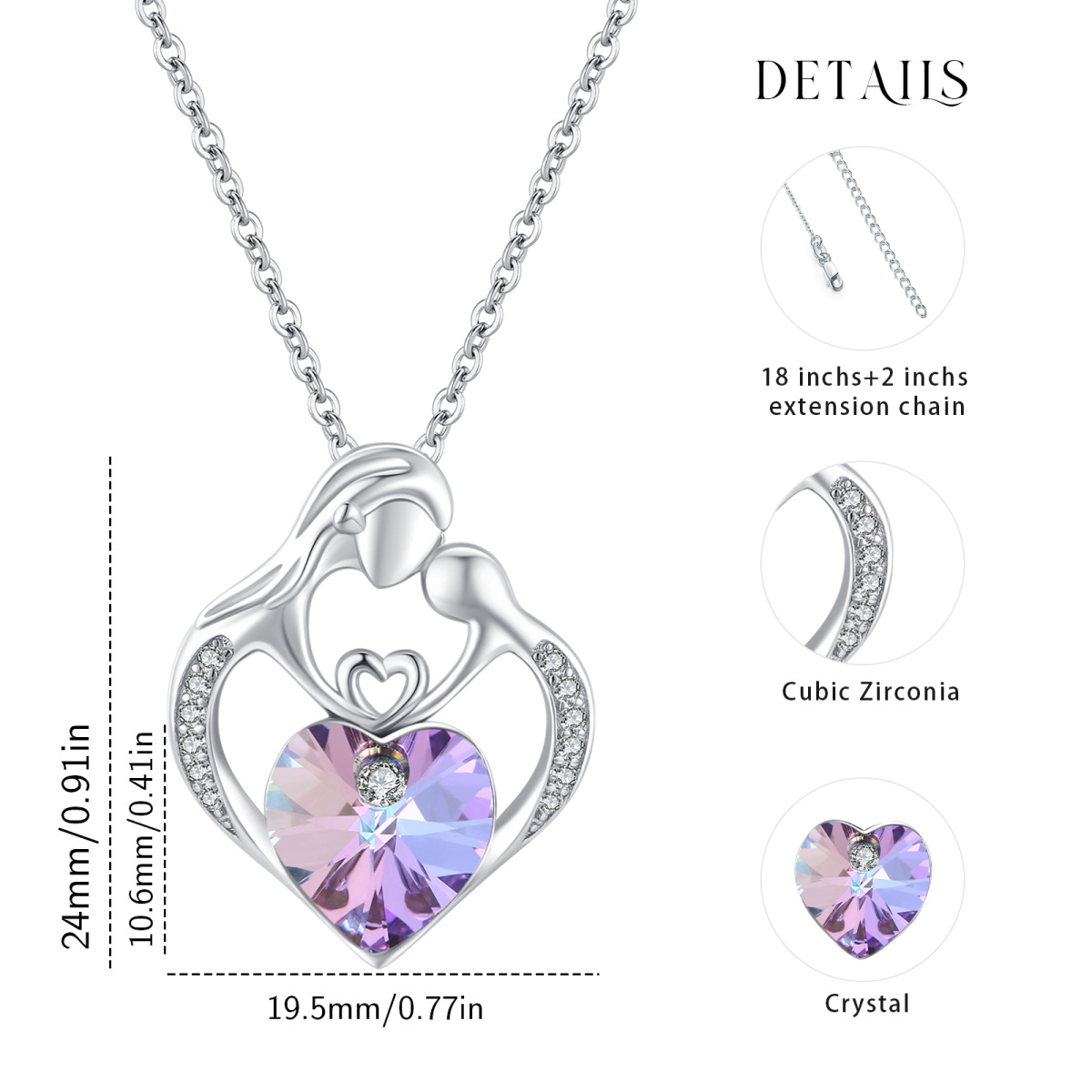 Sterling Silver Heart Shaped Crystal Mother & Daughter Pendant Necklace-6