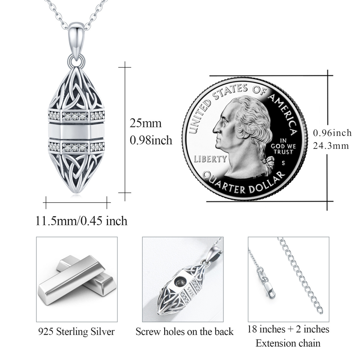 Sterling Silber Celtic Knot Marquise geformt Urne Halskette für Asche-6