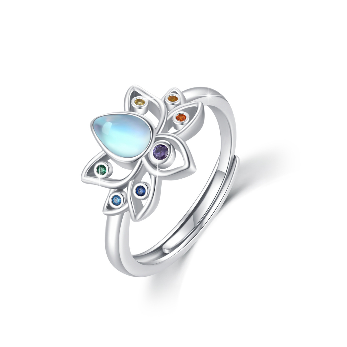 Sterling Silver Cubic Zirconia & Moonstone Lotus & Chakras Ring-1