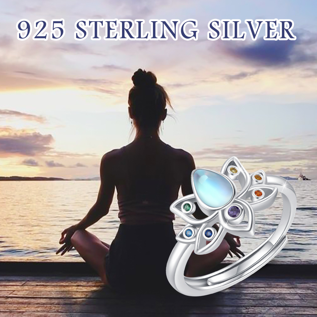 Sterling Silver Cubic Zirconia & Moonstone Lotus & Chakras Ring-6