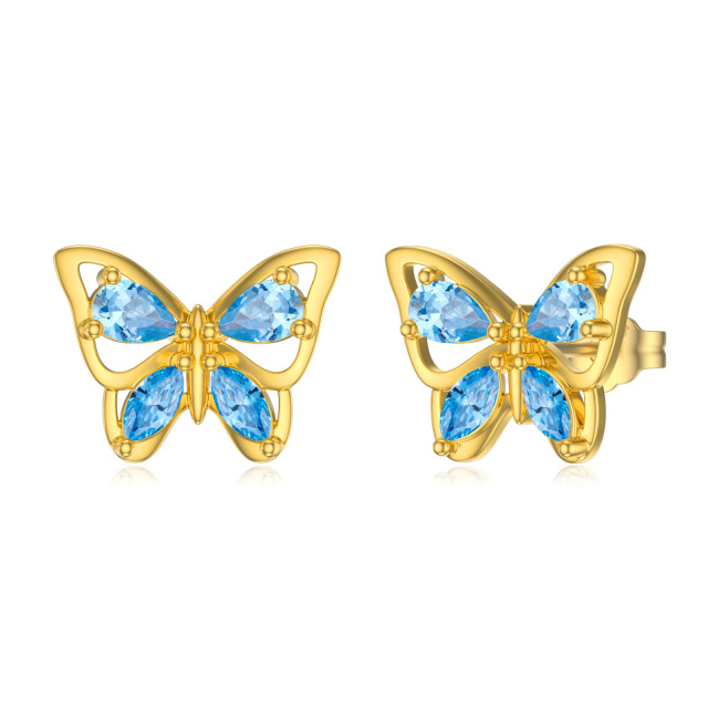 10K Gold Butterfly Earrings with Blue Zircon as Gifts for Women-0