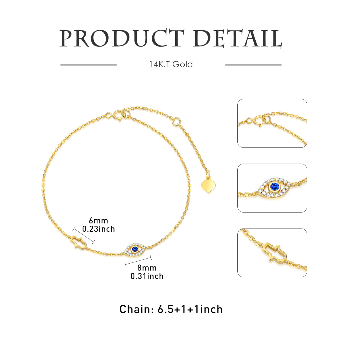 14K Gold Cubic Zirconia Evil Eye & Hamsa Hand Pendant Bracelet-6