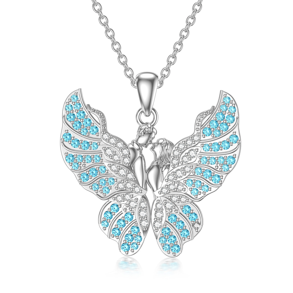 Sterling Silver Circular Shaped Cubic Zirconia Butterfly & Couple Pendant Necklace-1