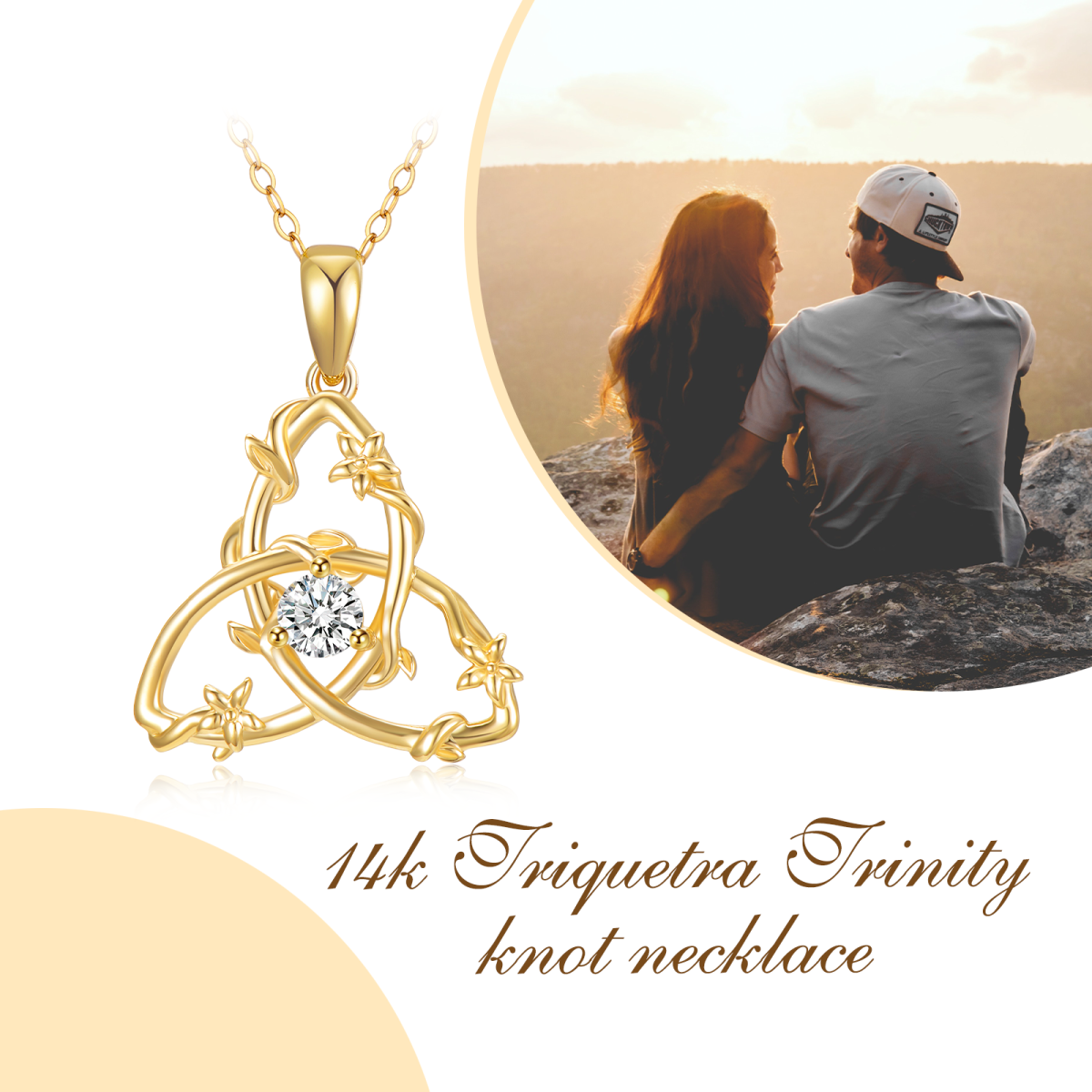 14K Gold Circular Shaped Cubic Zirconia Triangle Pendant Necklace-6