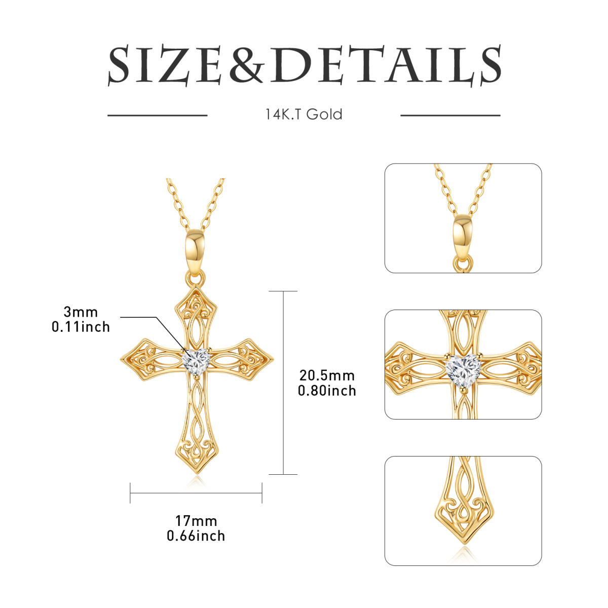 14K Gold Heart Shaped Cubic Zirconia Cross Pendant Necklace-6