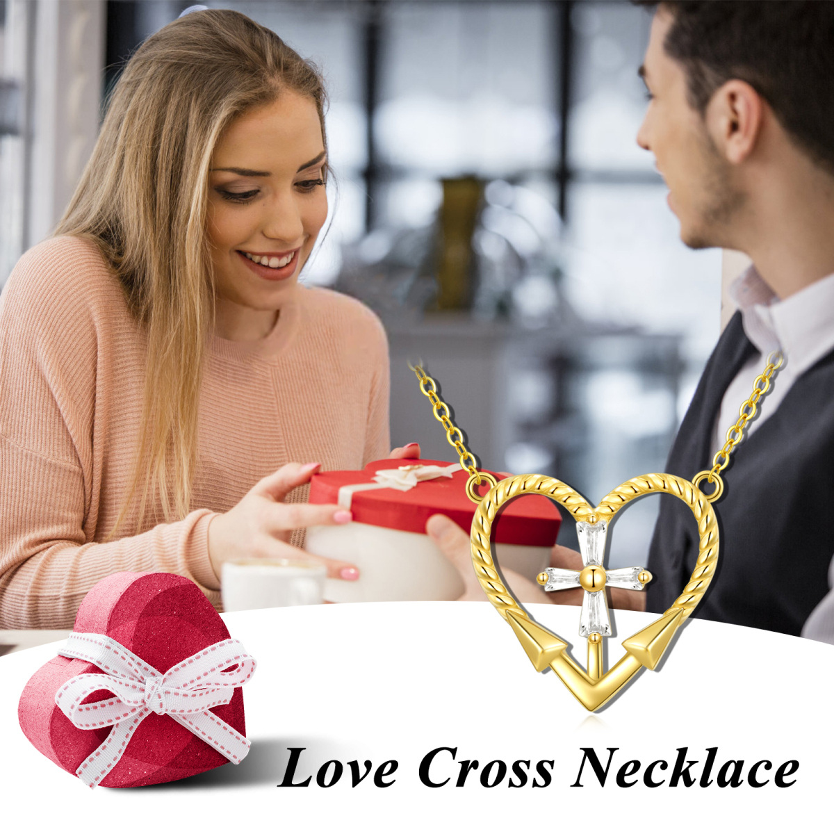 14K Oro Cúbico Zirconia Cruz y Corazón Collar Colgante-6