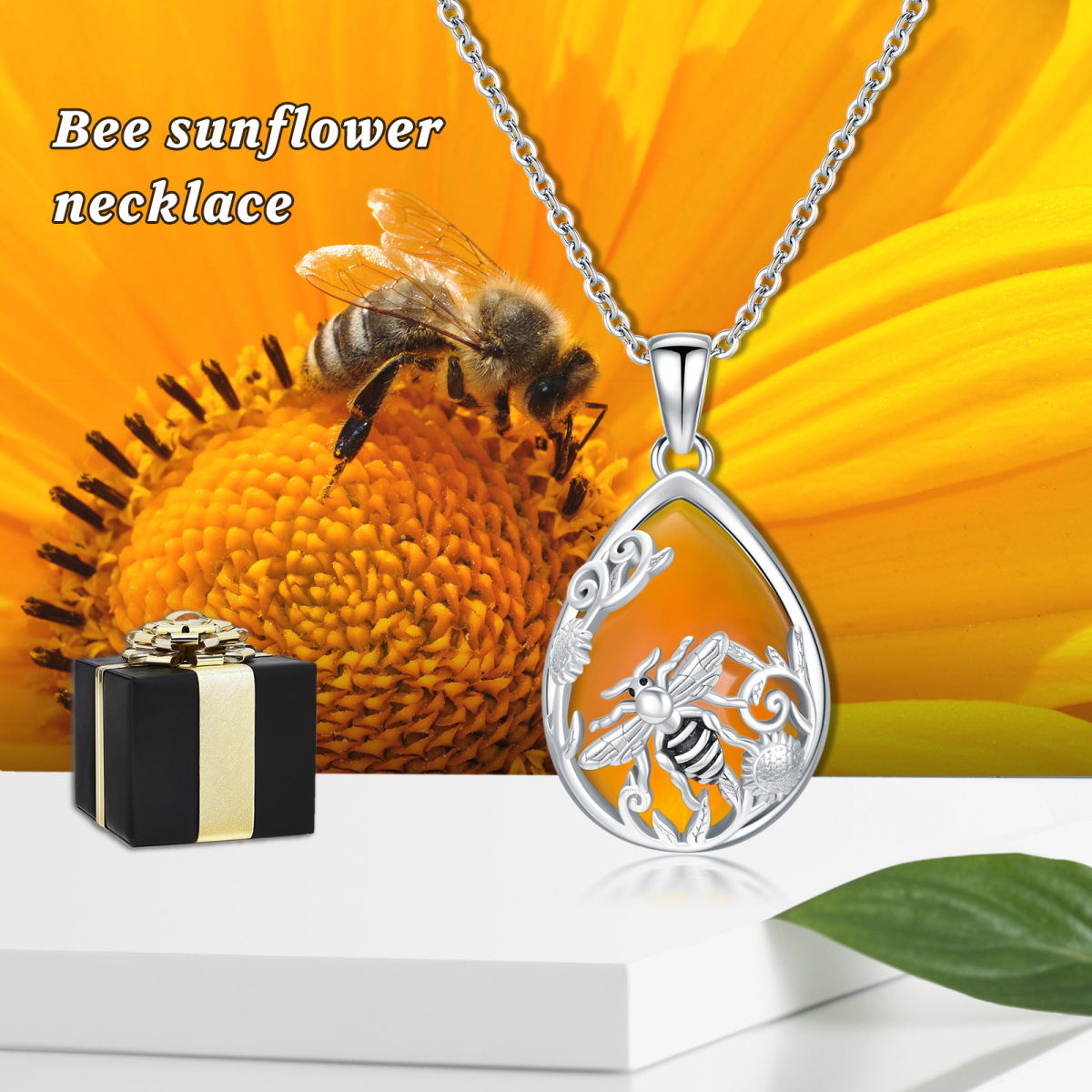 Sterling Silver Pear Shaped Agate Bee & Sunflower Pendant Necklace-6
