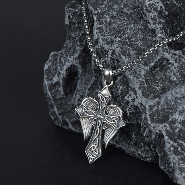 Sterling Silver Angel Wing & Celtic Knot & Cross Pendant Necklace-2