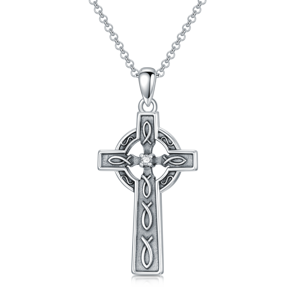 Sterling Silver with Black Rhodium Cubic Zirconia Cross Pendant Necklace-1