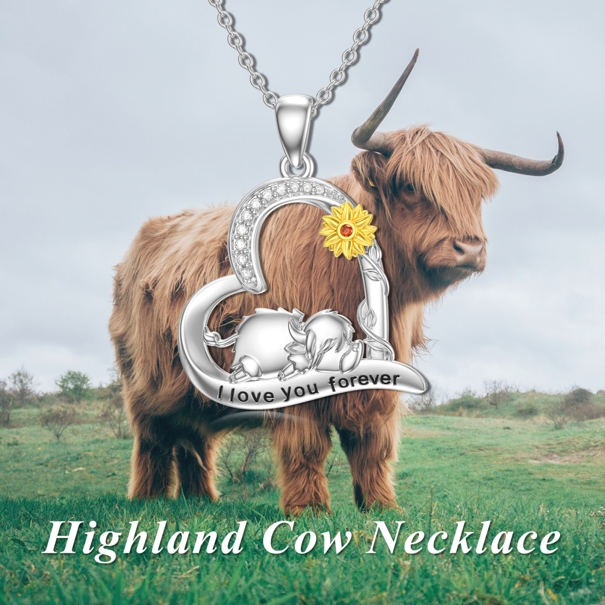 Sterling Silver Two-tone Circular Shaped Cubic Zirconia Highland Cow Pendant Necklace with Engraved Word-6