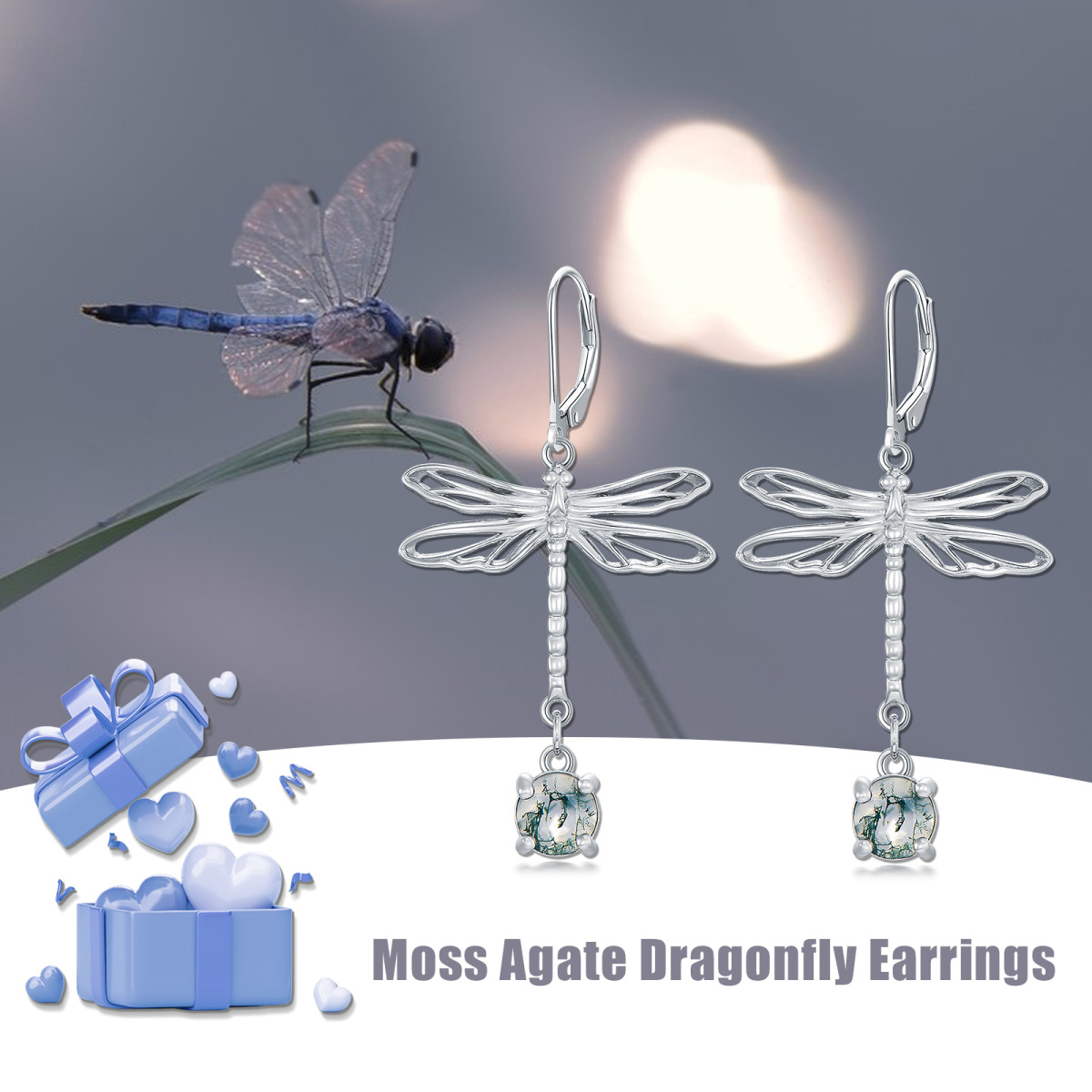 Pendants d'oreilles libellule en argent sterling de forme circulaire en agate mousse-5