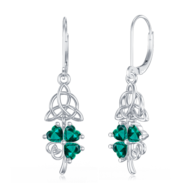 Sterling Silver Heart Shaped Cubic Zirconia Four Leaf Clover & Celtic Knot Lever-back Earrings-3