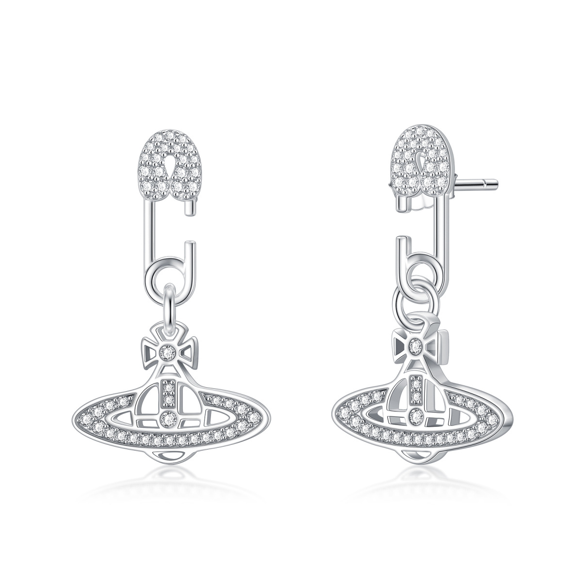 Sterling Silver Cubic Zirconia Paper Clip & Planet Drop Earrings-1