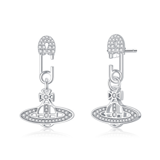 Sterling Silver Cubic Zirconia Paper Clip & Planet Drop Earrings