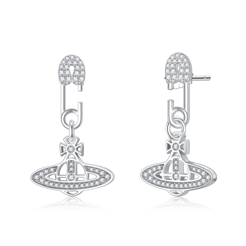 Sterling Silver Cubic Zirconia Paper Clip & Planet Drop Earrings-9