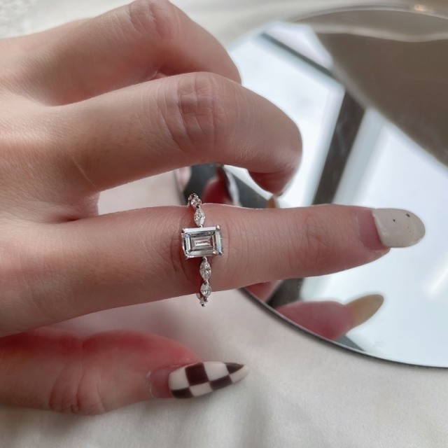 Sterling Silver Princess-square Shaped Zircon & Square Ring-4