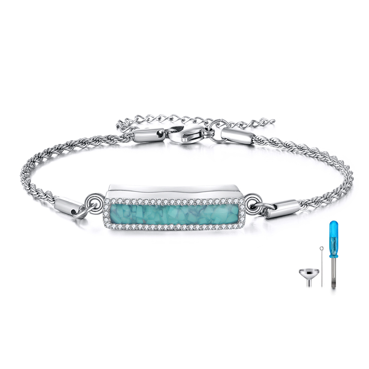 Sterling Silver Turquoise Bar Cremation Urn Bracelet for Ashes with Engraved Word-1