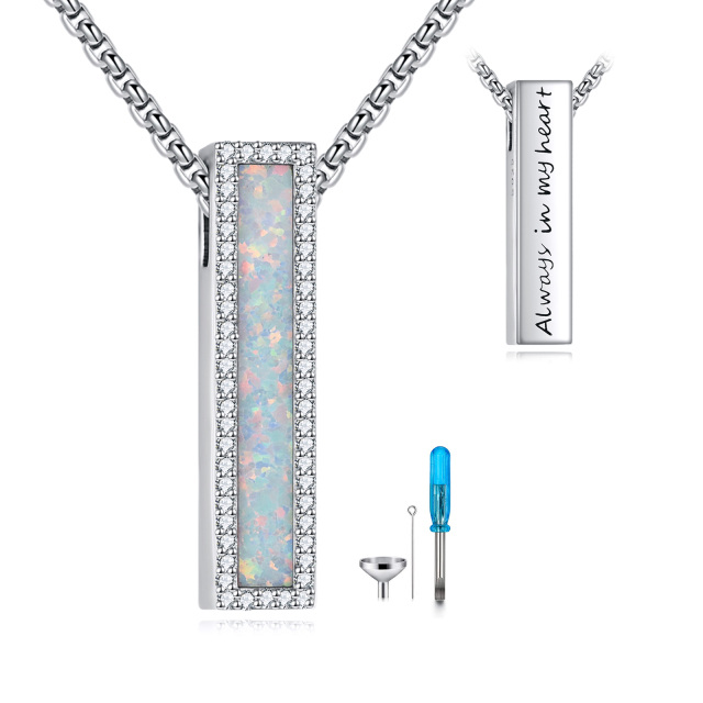 Sterling Silver Opal Bar Cremation Urn Necklace for Ashes with Engraved Word for Men-1