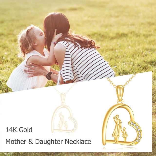 14K Gold Circular Shaped Cubic Zirconia Mother & Daughter & Heart Pendant Necklace-4
