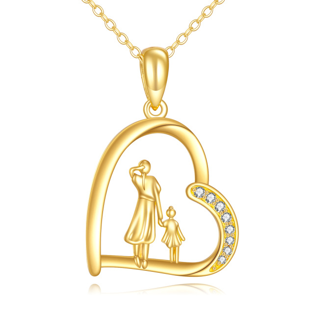 14K Gold Circular Shaped Cubic Zirconia Mother & Daughter & Heart Pendant Necklace-1