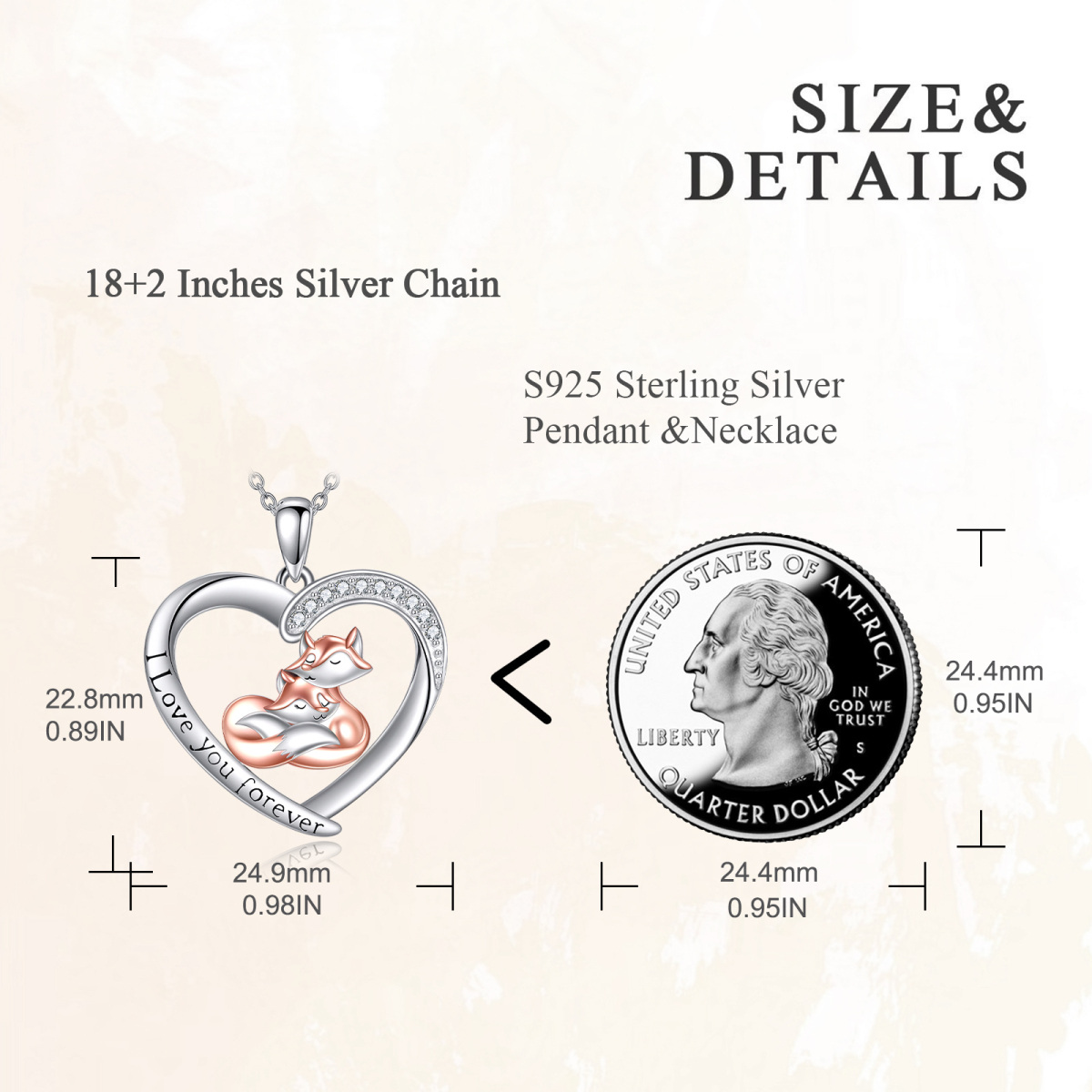 Sterling Silver Two-tone Circular Shaped Cubic Zirconia Fox & Heart Pendant Necklace with Engraved Word-5