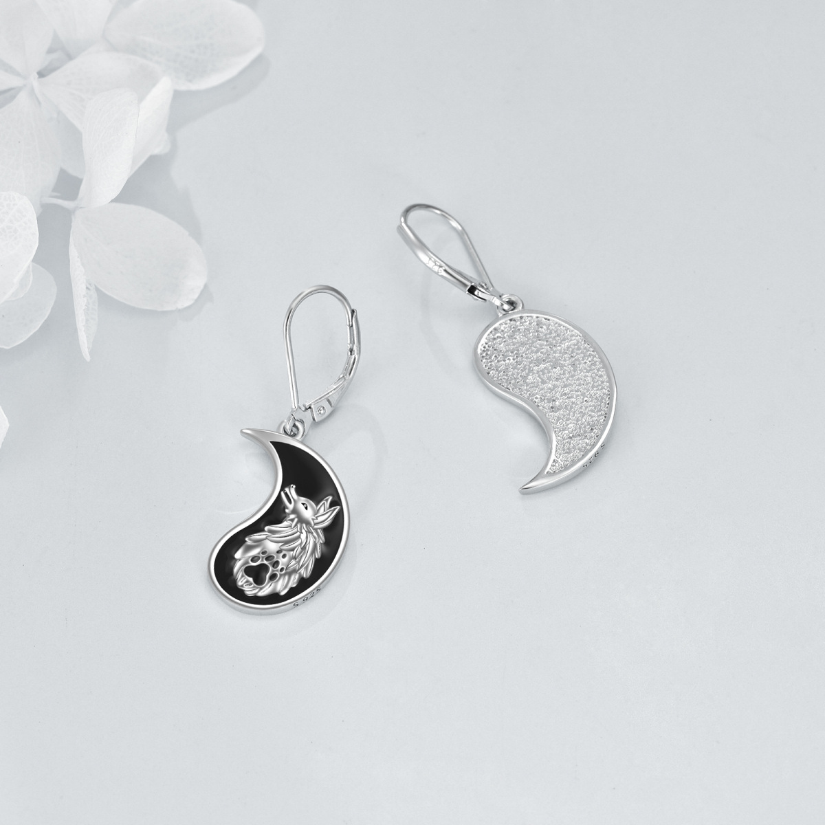 Sterling Silver Two-tone Wolf & Yin Yang Drop Earrings-4